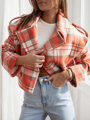 Plaid Split-Joint Long Sleeves Loose Peter Pan Collar Jackets&Coats