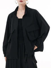 Elasticity Pockets Solid Color Zipper Long Sleeves Loose Outerwear Jackets