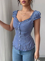 Buttoned Pleated Striped Puff Sleeves Skinny Square-Neck Blouses&Shirts Tops