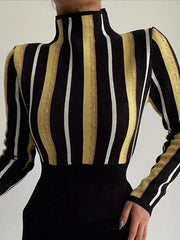 Contrast Color Split-Joint Striped Long Sleeves Skinny High Neck T-Shirts Tops