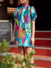 Contrast Color Leaves Print Loose Puff Sleeves High Neck Mini Dresses