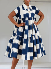 A-line High Waisted Buttoned Contrast Color Pleated Pockets Lapel Midi Dresses
