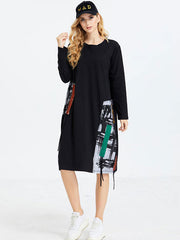Original Split-Joint Contrast Color Long Sleeve Midi Dress