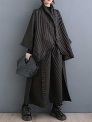 Stand Collar Long Sleeves Loose Buttoned Pleated Solid Color Shirts Top + Pants Bottom Two Pieces Set