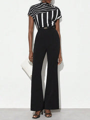 Asymmetric Split-Joint Striped Batwing Sleeves Loose High Neck T-Shirts Tops