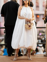 Pleated Pockets Solid Color A-Line Loose Halter-Neck Midi Dresses