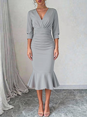 Interlace Solid Color Split-Joint Split-Side Bodycon Elasticated Waist Deep V-Neck Midi Dresses