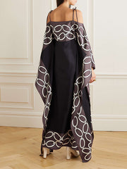 Bandage Contrast Color Printed Loose Spaghetti-Neck Maxi Dresses