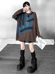 Abstract Printed Asymmetric Contrast Color Split-Joint Tasseled Irregularity Long Sleeves Round-Neck Sweater Tops