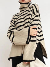 Contrast Color Split-Joint Split-Side Striped Long Sleeves Loose High Neck Sweater Tops