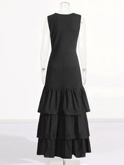 Layered Pleated Solid Color Split-Joint Zipper Bodycon High Waisted Round-Neck Maxi Dresses