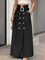 Belted Buttoned Pockets Split-Front High Waisted Loose Skirts Bottoms