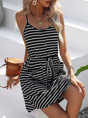 Buttoned Contrast Color Drawstring Pockets Striped A-Line Loose Spaghetti-Neck Mini Dresses