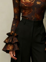 Flower Print Flared Sleeves Long Sleeves High Neck Blouses&shirts Tops