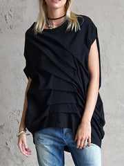 Pleated Solid Color High-low Loose Round-neck T-Shirts Tops