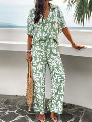 Loose Buttoned Leaves Print Lapel T-Shirts Top + High Waisted Elasticity Pants Bottom Two Pieces Set
