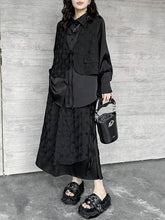 Solid Color Split-Joint Asymmetric Drawstring Flower Print False Two Lapel Buttoned Pockets Blouses&Shirts Tops + Elasticated Waist Double Layered Skirts Bottoms Two Pieces Set