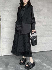Solid Color Split-Joint Asymmetric Drawstring Flower Print False Two Lapel Buttoned Pockets Blouses&Shirts Tops + Elasticated Waist Double Layered Skirts Bottoms Two Pieces Set
