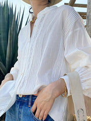Buttoned Pleated Solid Color Split-Joint Long Sleeves Loose Stand Collar Blouses&Shirts Tops
