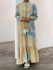Long Sleeves Puff Sleeves Printed Stand Collar Maxi Dresses