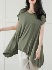 Asymmetric Solid Color High-Low Loose Round-Neck T-Shirts Tops