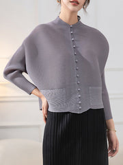 Buttoned Pleated Pockets Solid Color Long Sleeves Loose Round-Neck Outerwear
