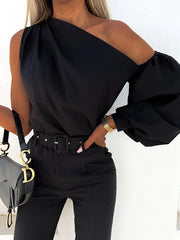 Asymmetric Elasticity Solid Color Long Sleeves Loose One-shoulder Blouses&shirts Tops