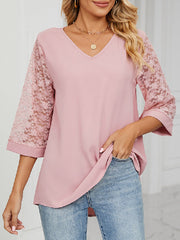 Mesh Solid Color Split-Joint Loose Three-Quarter Sleeves Round-Neck T-Shirts Tops