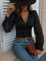 Hollow Pleated Solid Color Split-Joint Long Sleeves Deep V-Neck Blouses&shirts Tops