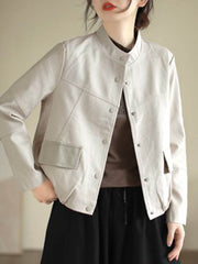 Buttoned Pleated Pockets Split-Joint Long Sleeves Loose Stand Collar Outerwear Jackets