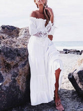 Pleated Solid Color Split-Joint High Waisted Loose Off-the-shoulder Maxi Dresses