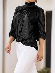 Shiny Solid Color Loose Three-quarter Sleeves High-neck Blouses&shirts Tops
