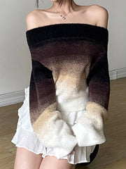 Gradient Split-Joint Velvet Long Sleeves Loose Off-The-Shoulder Sweater Tops