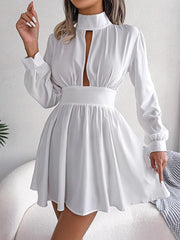 Hollow Solid Color Zipper A-Line Elasticated Waist Half Turtleneck Mini Dresses