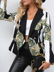 Buttoned Pockets Printed Long Sleeves Loose Notched Collar Outerwear Blazer
