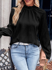 Elasticity Pleated Solid Color Long Sleeves Loose Mock Neck Blouses&Shirts Tops
