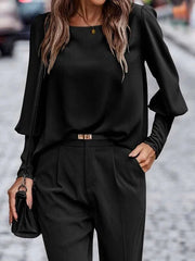 Buttoned Pleated Solid Color Long Sleeves Loose Round-Neck Blouses&Shirts Tops
