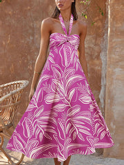 Hollow Leaves Print Split-Joint A-Line Loose Halter-Neck Midi Dresses