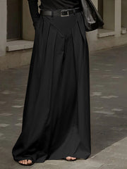 Belted Pleated Pockets Solid Color Split-Joint Zipper Loose Skirts Bottoms