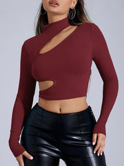 Asymmetric Hollow Solid Color Split-Joint Long Sleeves Skinny High Neck T-shirts
