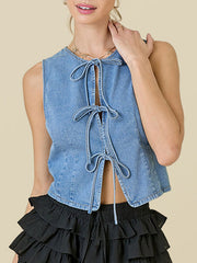 Lace-Up Split-Joint Loose Sleeveless Round-Neck Vest Top