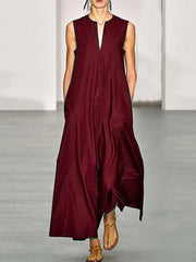 Simple Sleeveless Solid Color V-Neck Maxi Dress
