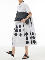Contrast Color Pleated Split-Joint Loose Short Sleeves Lapel Shirt Dress Midi Dresses