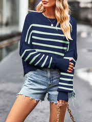 Fringed Split-Joint Striped Batwing Sleeves Loose Round-Neck Sweater
