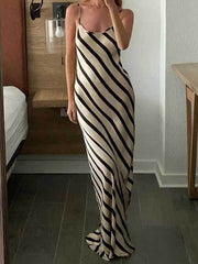 Striped High Waisted Loose Spaghetti-Neck Maxi Dresses