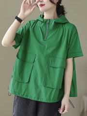 Zipper Loose Short Sleeves Hooded T-Shirts Tops