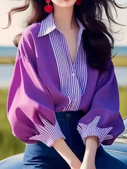 Buttoned Contrast Color Split-Joint Striped Long Sleeves Loose Lapel Blouses&Shirts Tops