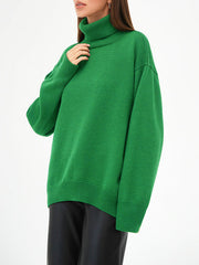 Solid Color Split-Joint High-Low Long Sleeves High Neck Sweater Tops