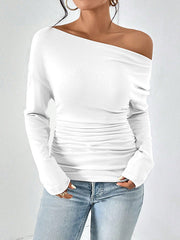 Solid Color Long Sleeves Skinny One-Shoulder T-Shirts Tops