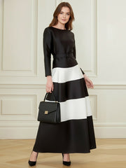 Belted Contrast Color Split-Joint A-Line Bodycon Round-Neck Maxi Dresses